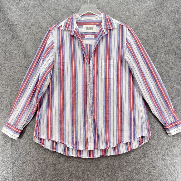 Grayson Womens The Hero Button Long Sleeve Top Size 04 Large Jasmine Stripe Red - Picture 2 of 11
